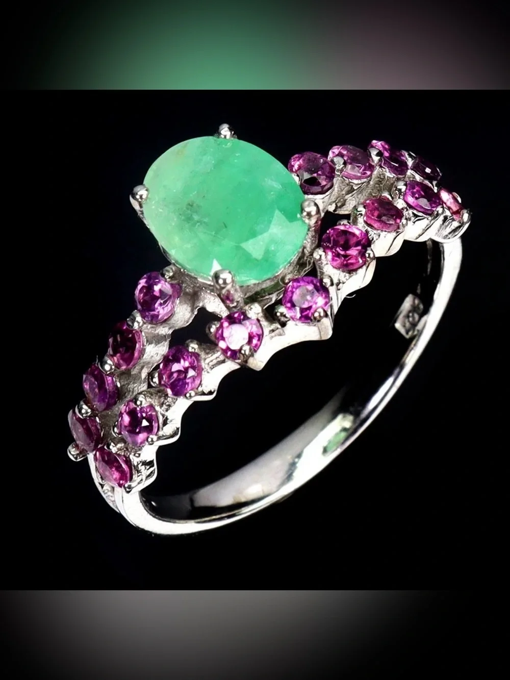 Stunning Natural Emerald 1.30CT & Pink Garnet Chevron 925 Sterling Ring Sz 7